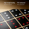 A close-up view of a black poker deck with gold foil accents, showing various card designs and features.