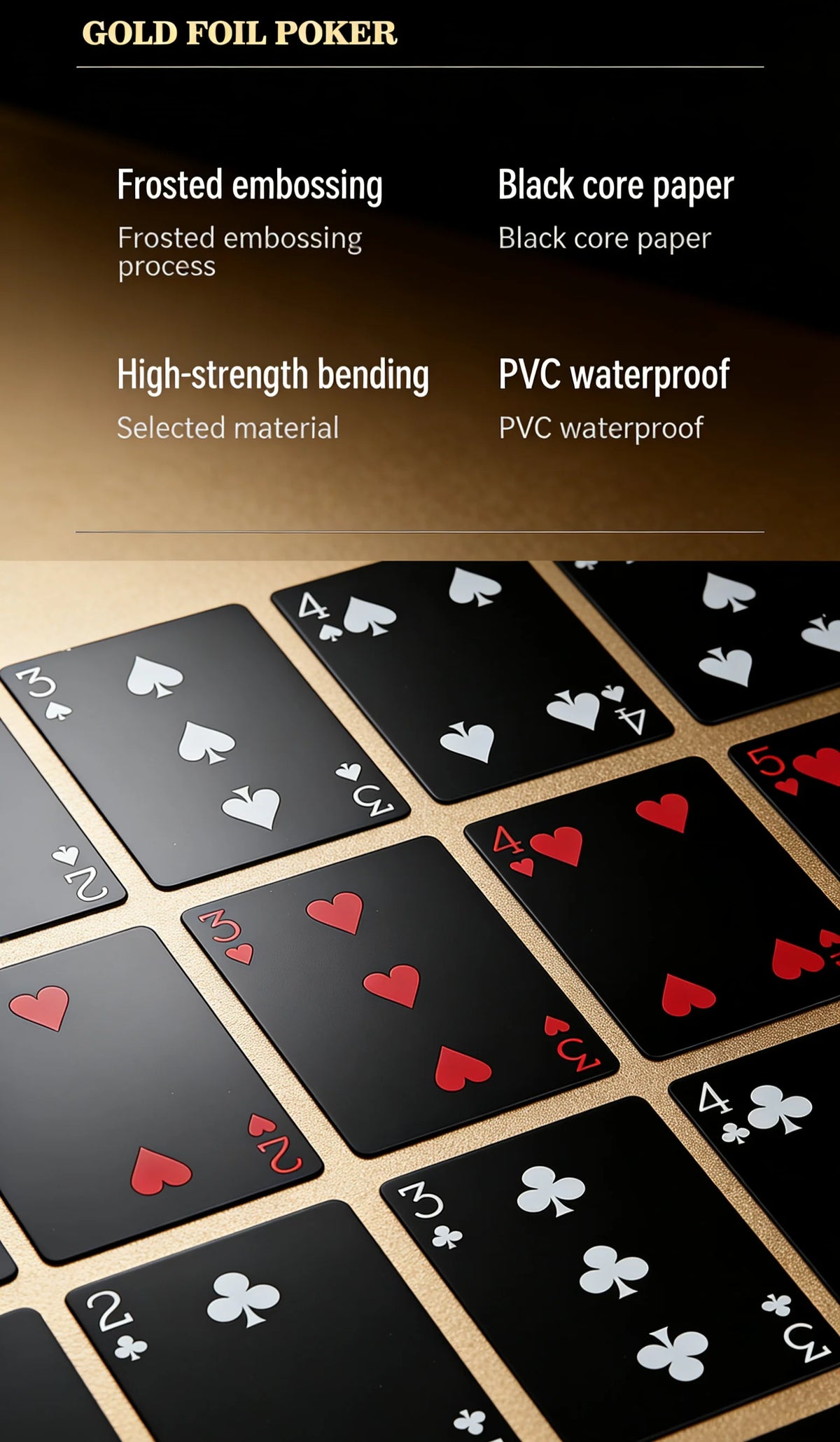 A close-up view of a black poker deck with gold foil accents, showing various card designs and features.