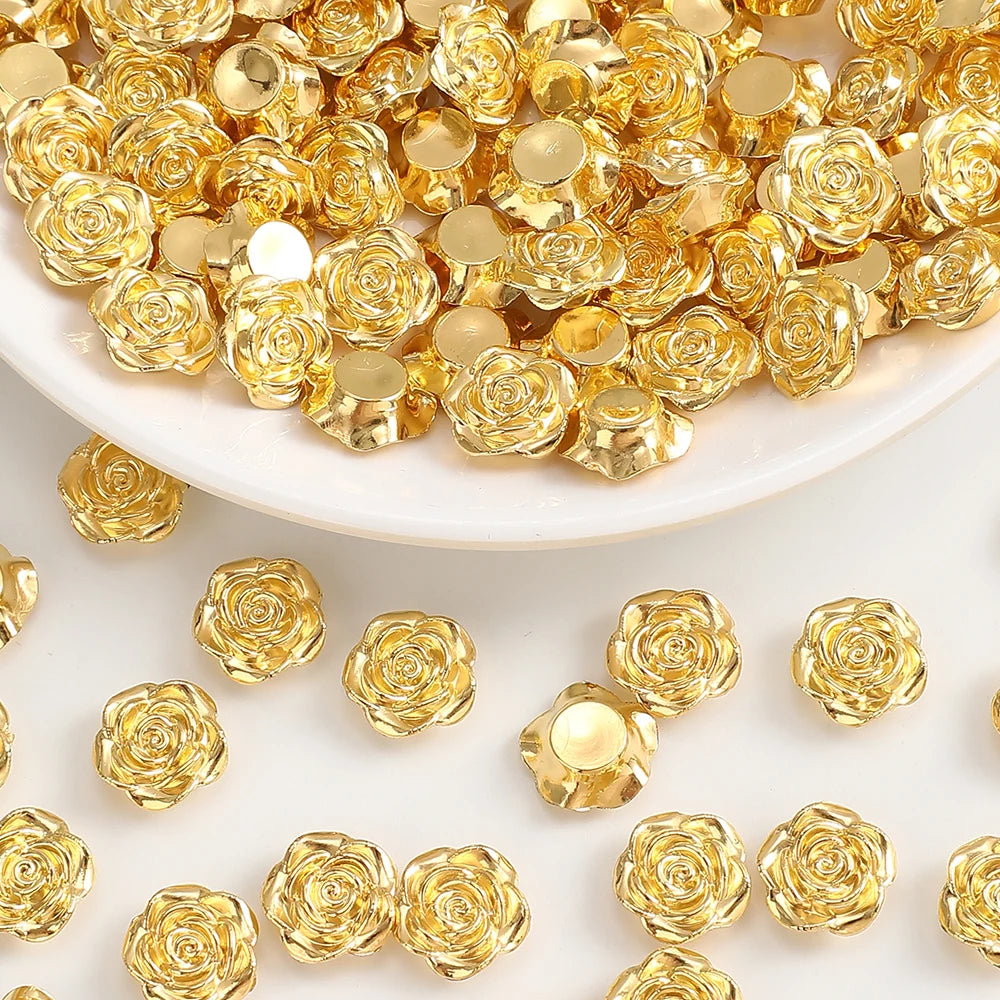 12mm Gold Rose Flower Resin Flat Back Beads for Jewelry Making (30-Pack)