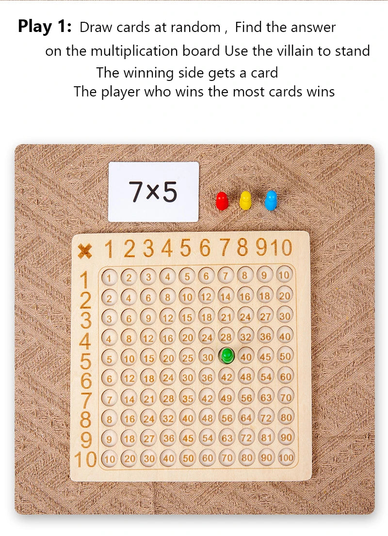 A wooden multiplication board game showing the equation 7x5 and a numbered grid for solving problems.