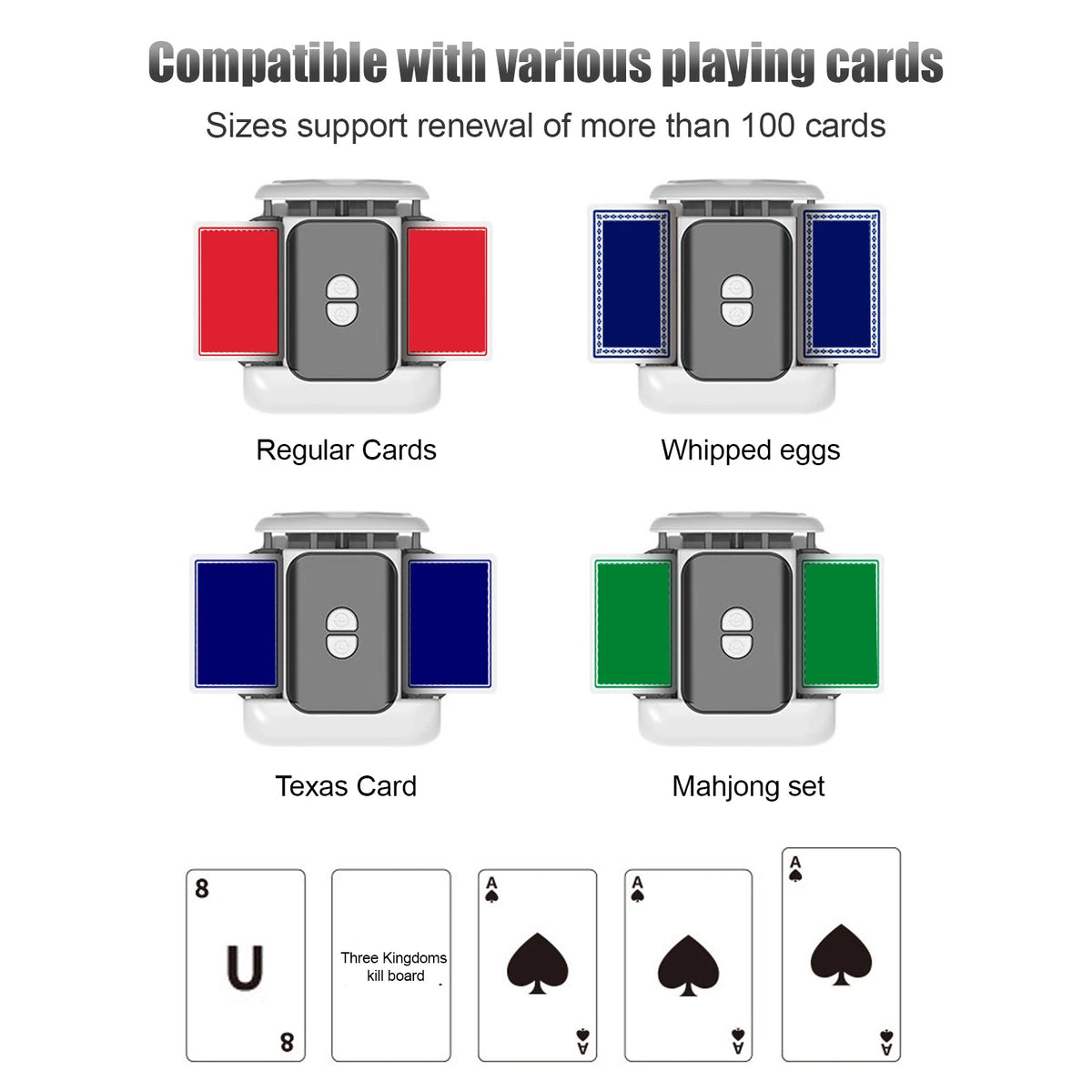 A set of card shufflers including regular cards, whipped eggs, a Texas card, and a Mahjong set.