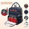 A navy blue backpack for bottles featuring insulated pockets, a changing pad, and a dry and wet separation bag.