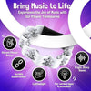 A white flower tambourine with silver jingles is shown, highlighting its vibrant design and durable construction.