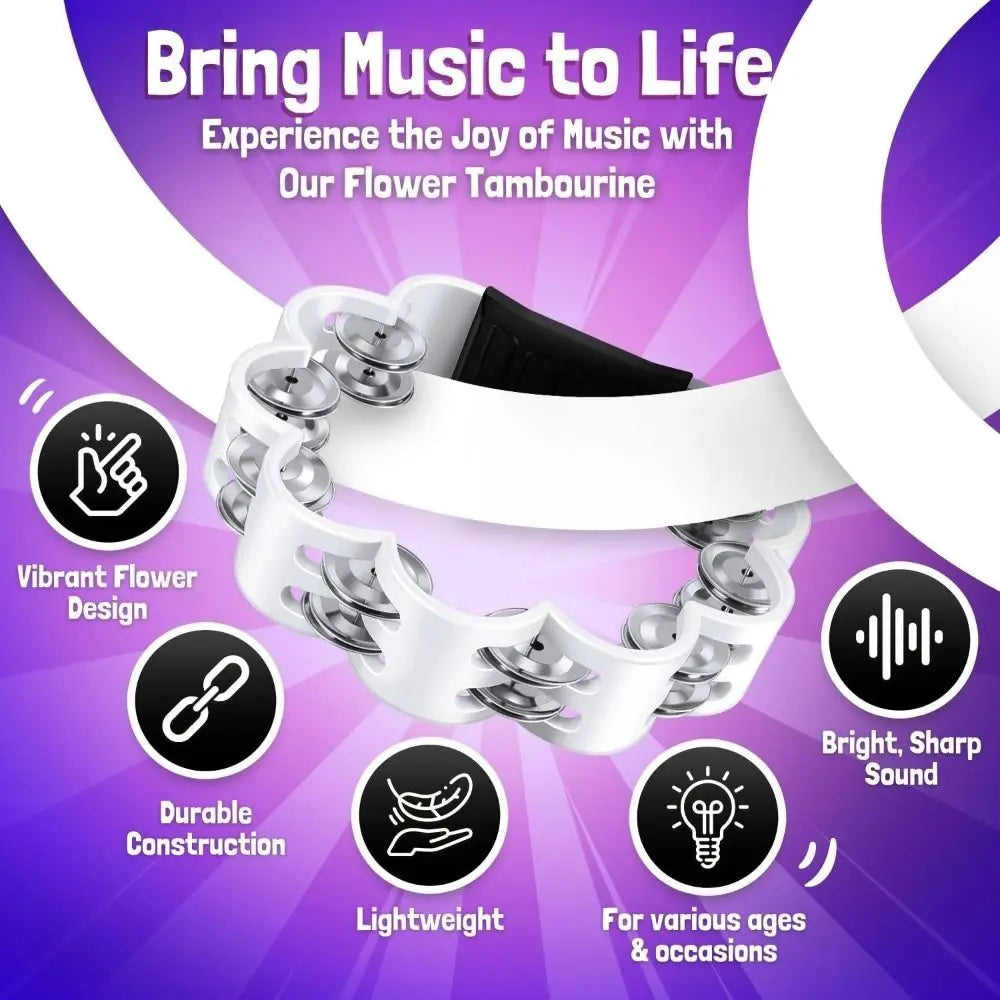 A white flower tambourine with silver jingles is shown, highlighting its vibrant design and durable construction.
