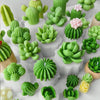 A collection of green silicone molds shaped like various cacti and succulents for crafting.