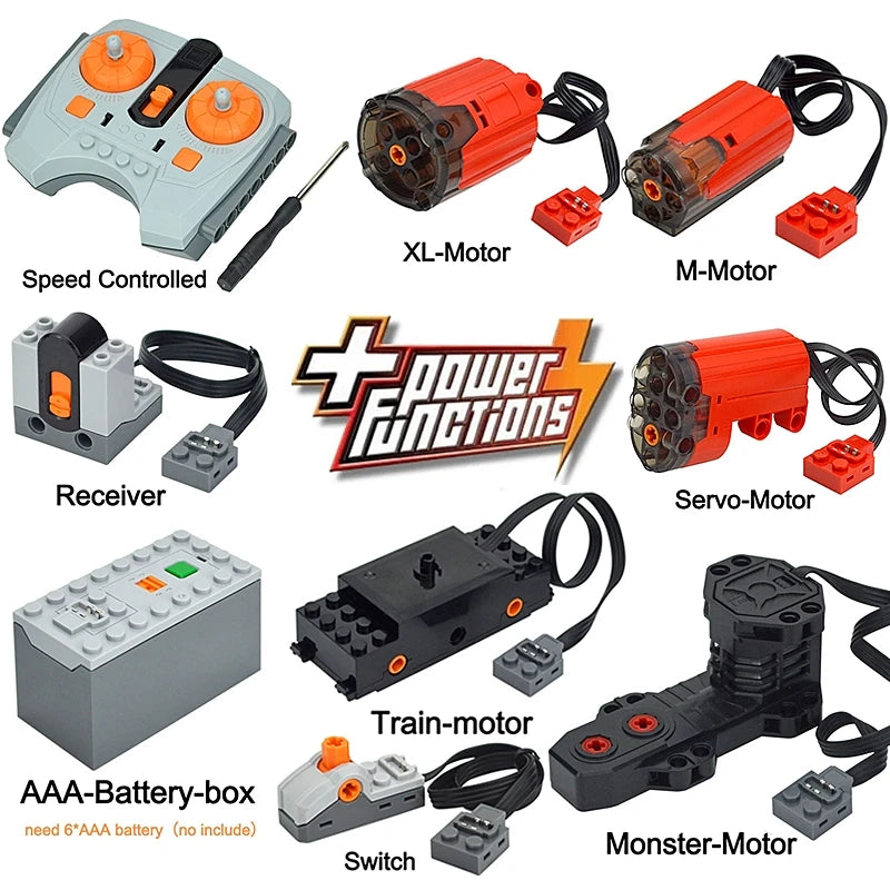 A set of Power Functions motors and servos including an XL-Motor, M-Motor, Servo-Motor, Train-motor, and Monster-Motor with a