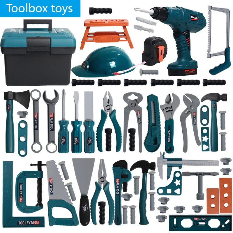 A collection of various tools and toys including screwdrivers, pliers, and other construction items for kids.