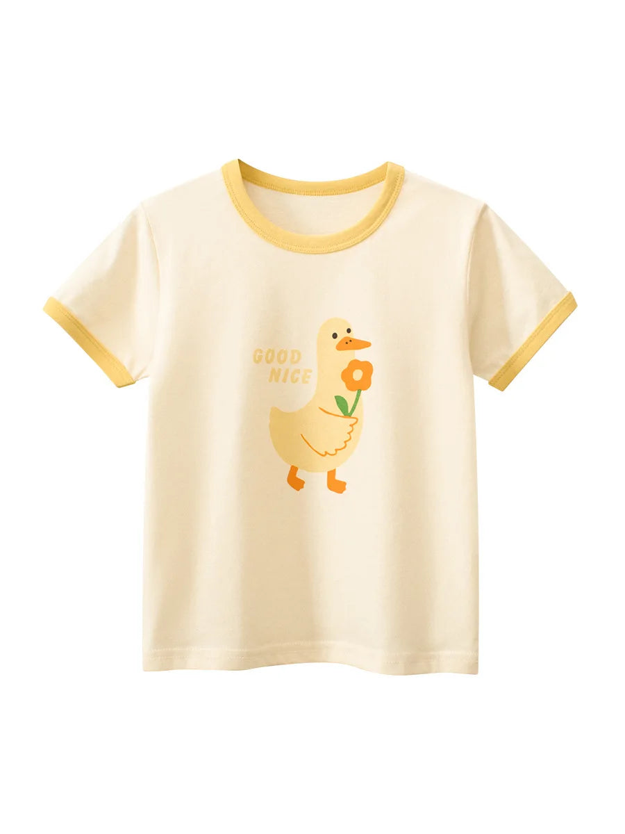 A light yellow short-sleeve cotton t-shirt featuring a cute, smiling yellow chick with an orange flower and the text good nic