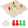 A wooden strategy chess game board with red and green pieces, showing a grid layout and piece dimensions.