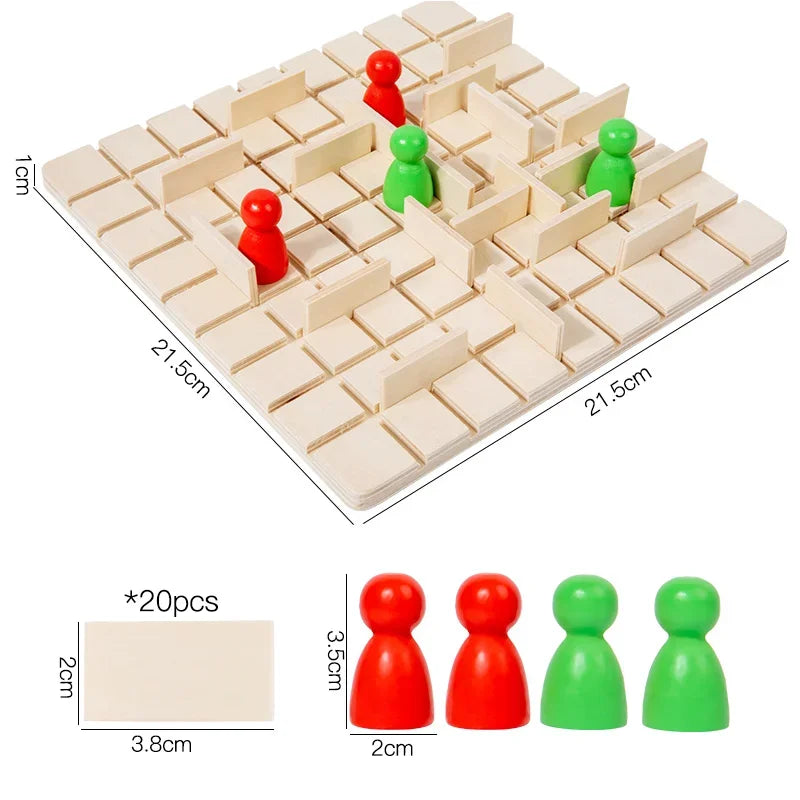 A wooden strategy chess game board with red and green pieces, showing a grid layout and piece dimensions.
