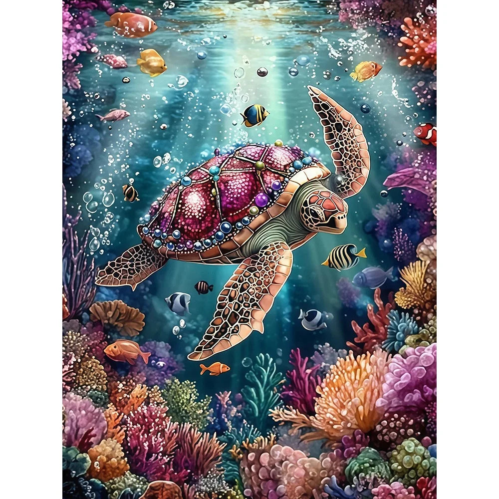 A vibrant underwater scene featuring a turtle amidst colorful coral and marine life.