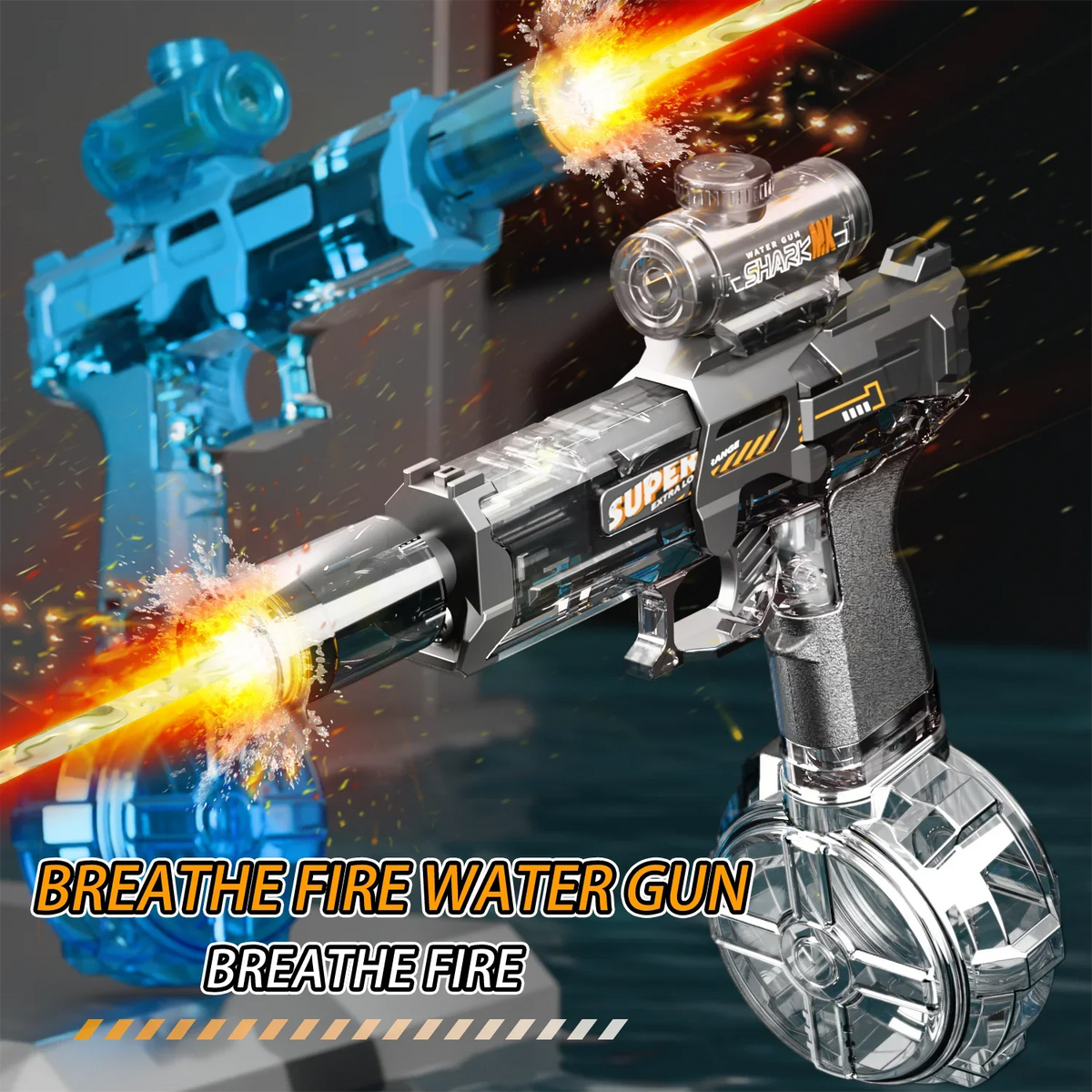 A silver water gun is shown firing a stream of bright orange and yellow fire effects against a dark background.