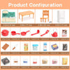 A collection of dollhouse furniture and kitchen items including a table, chair, refrigerator, and various small tools and acc
