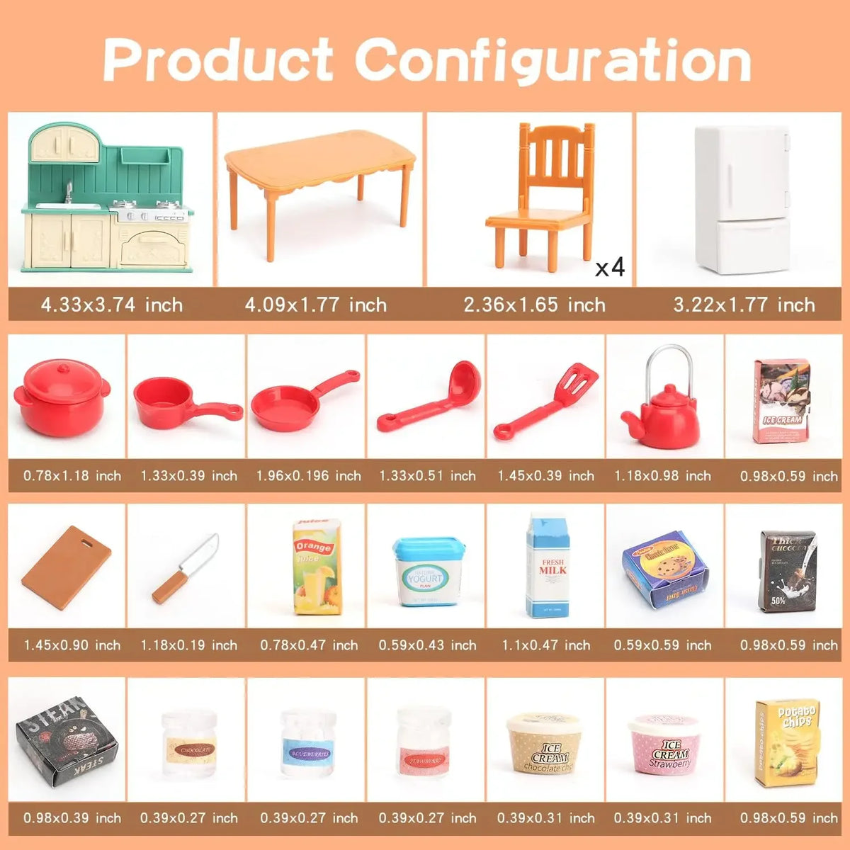 A collection of dollhouse furniture and kitchen items including a table, chair, refrigerator, and various small tools and acc