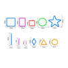 A set of colorful wooden stick building blocks in various shapes including squares, rectangles, circles, stars, diamonds, and