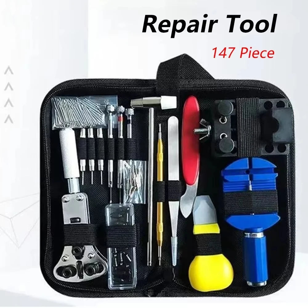 A black repair tool kit containing 147 pieces of precision watch repair tools and instruments.