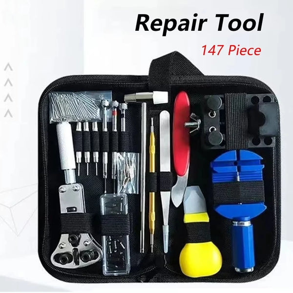 A black repair tool kit containing 147 pieces of precision watch repair tools and instruments.