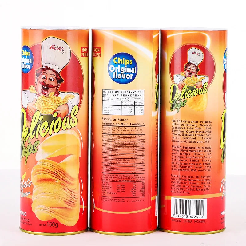 A can of Chips Original Flavor with a cartoon snake mascot and potato chips visible.