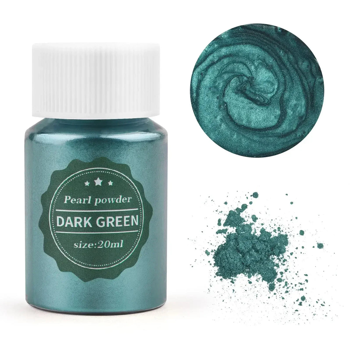 A glass jar of dark green pearl powder next to a circular swatch of the same color and scattered powder.