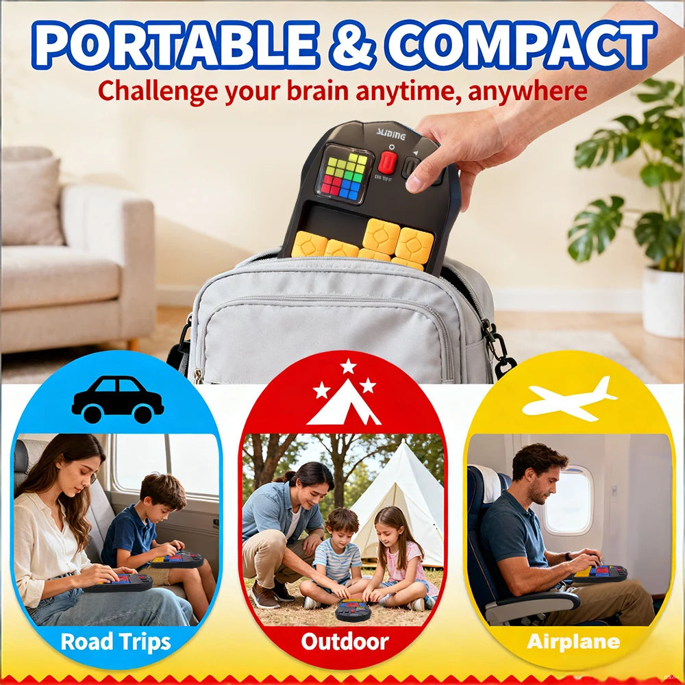 A hand holds a portable electronic sliding block puzzle with an LED screen, shown in contexts for road trips, outdoor use, an