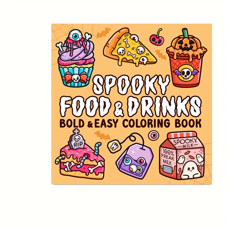 A bold and easy coloring book featuring spooky food and drinks like cupcakes, pizza, and milk.
