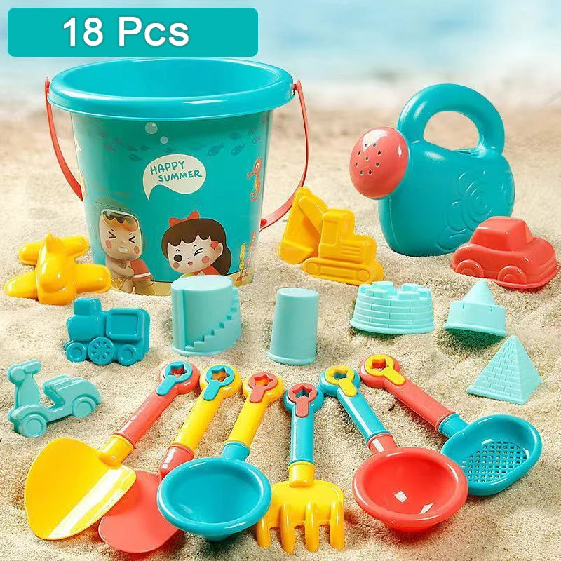 A set of 18 pieces for kids beach sand play including a bucket, shovel, and various tools in yellow, blue, and orange colors.