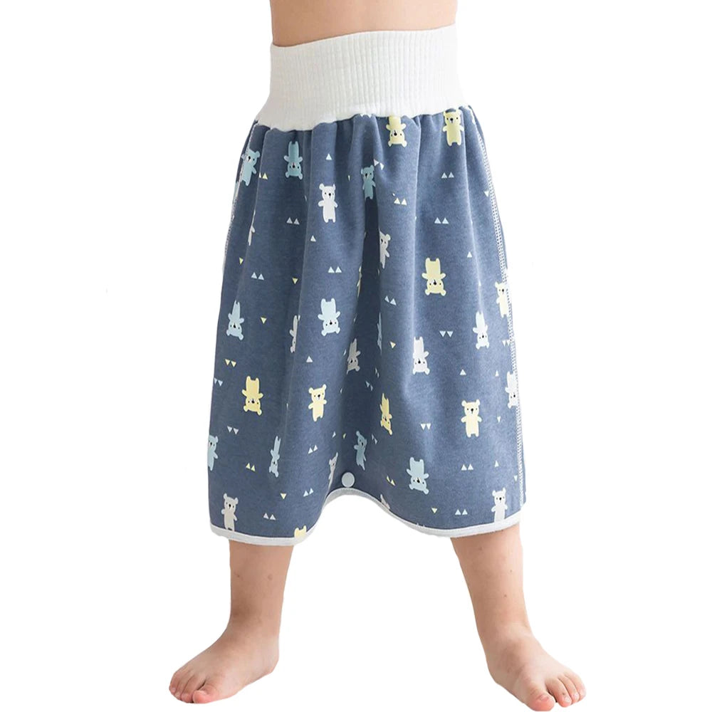 Blue and white patterned waterproof baby diaper pants with a white ribbed waistband