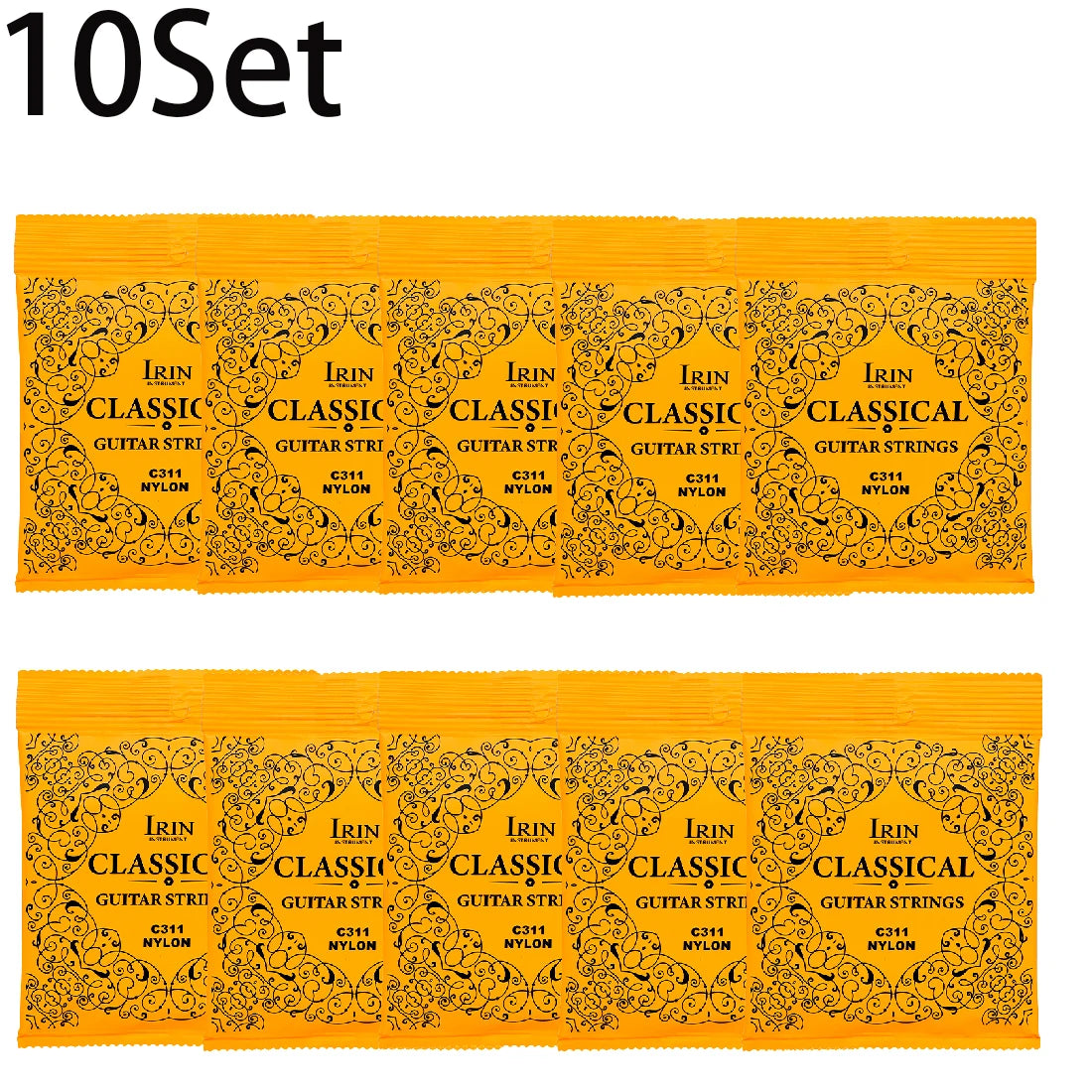 A set of 10 classical guitar strings featuring clear nylon and silver-plated copper wound strings.