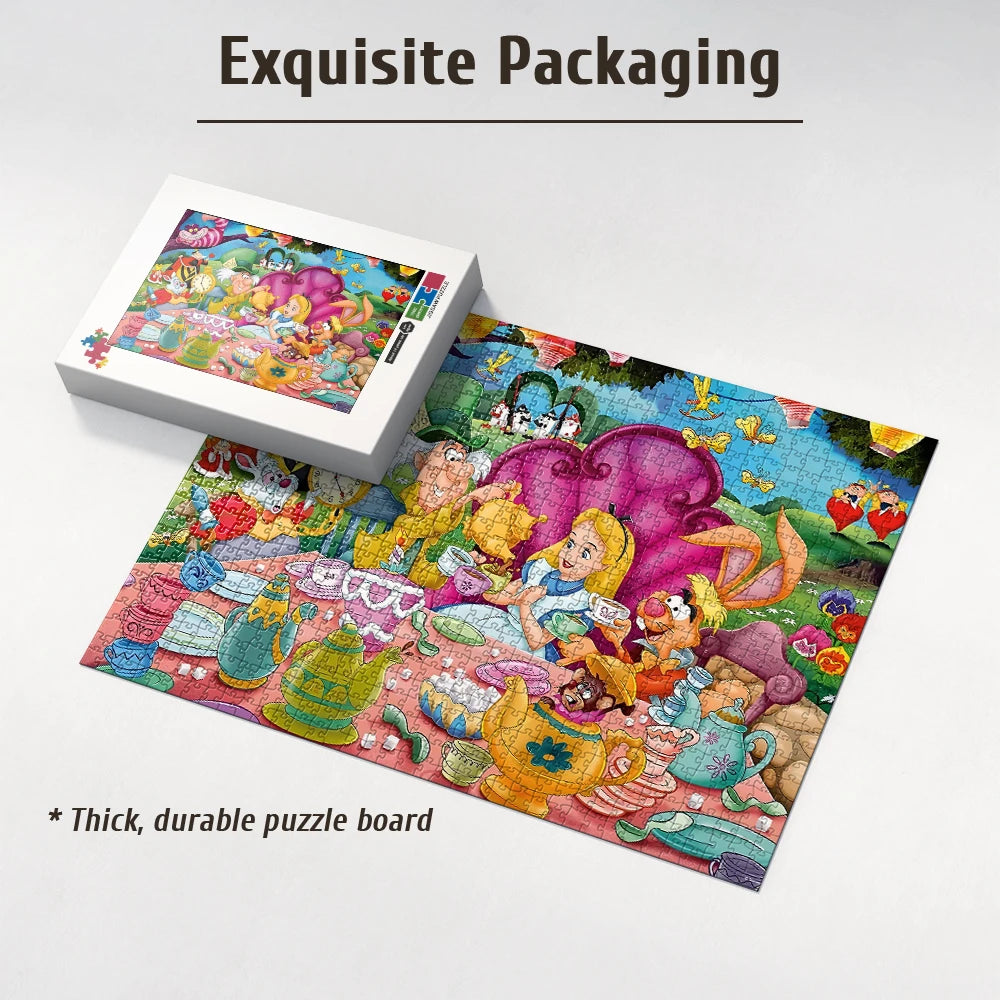A wooden jigsaw puzzle depicting an Alice in Wonderland tea party scene with various characters and flowers.