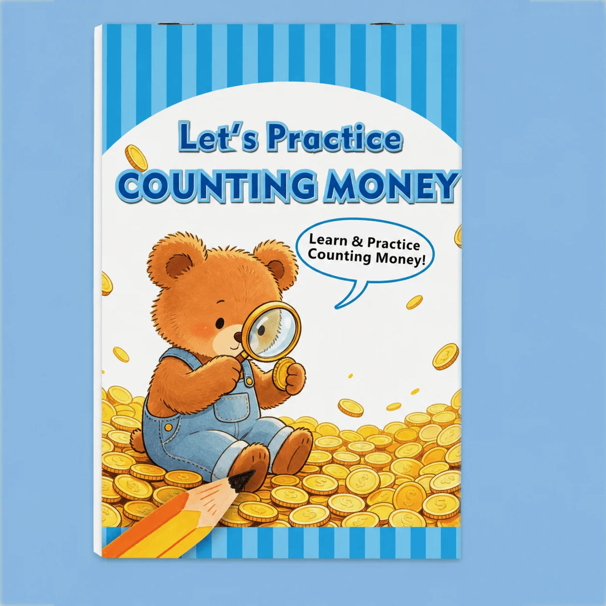 A colorful activity book cover titled Let's Practice Counting Money featuring a teddy bear and gold coins.