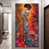 A vibrant diamond painting featuring a woman in a richly colored, ornate dress against an abstract background.