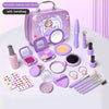 A purple cosmetic toy set with a handbag, including various makeup tools and palettes for pretend play.
