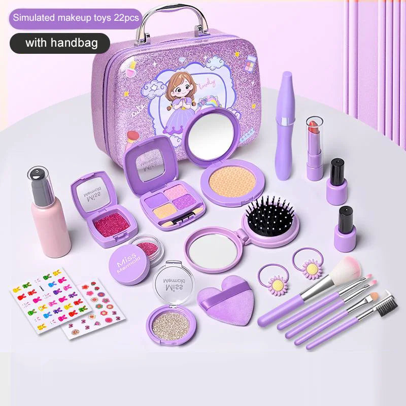 A purple cosmetic toy set with a handbag, including various makeup tools and palettes for pretend play.