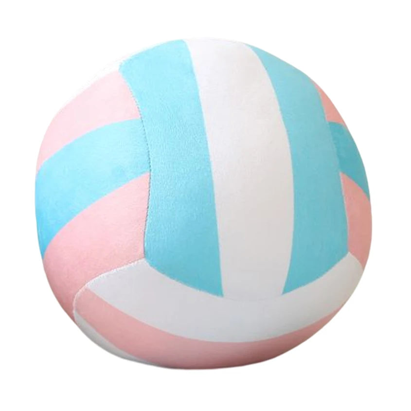 A soft plush volleyball pillow with pink and light blue stripes.
