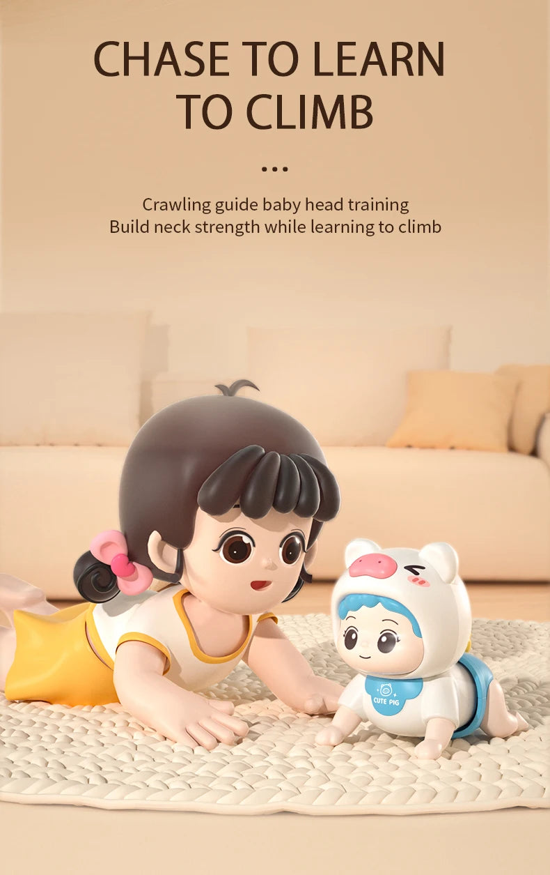 A baby doll is shown crawling on a mat next to an interactive toy pig.