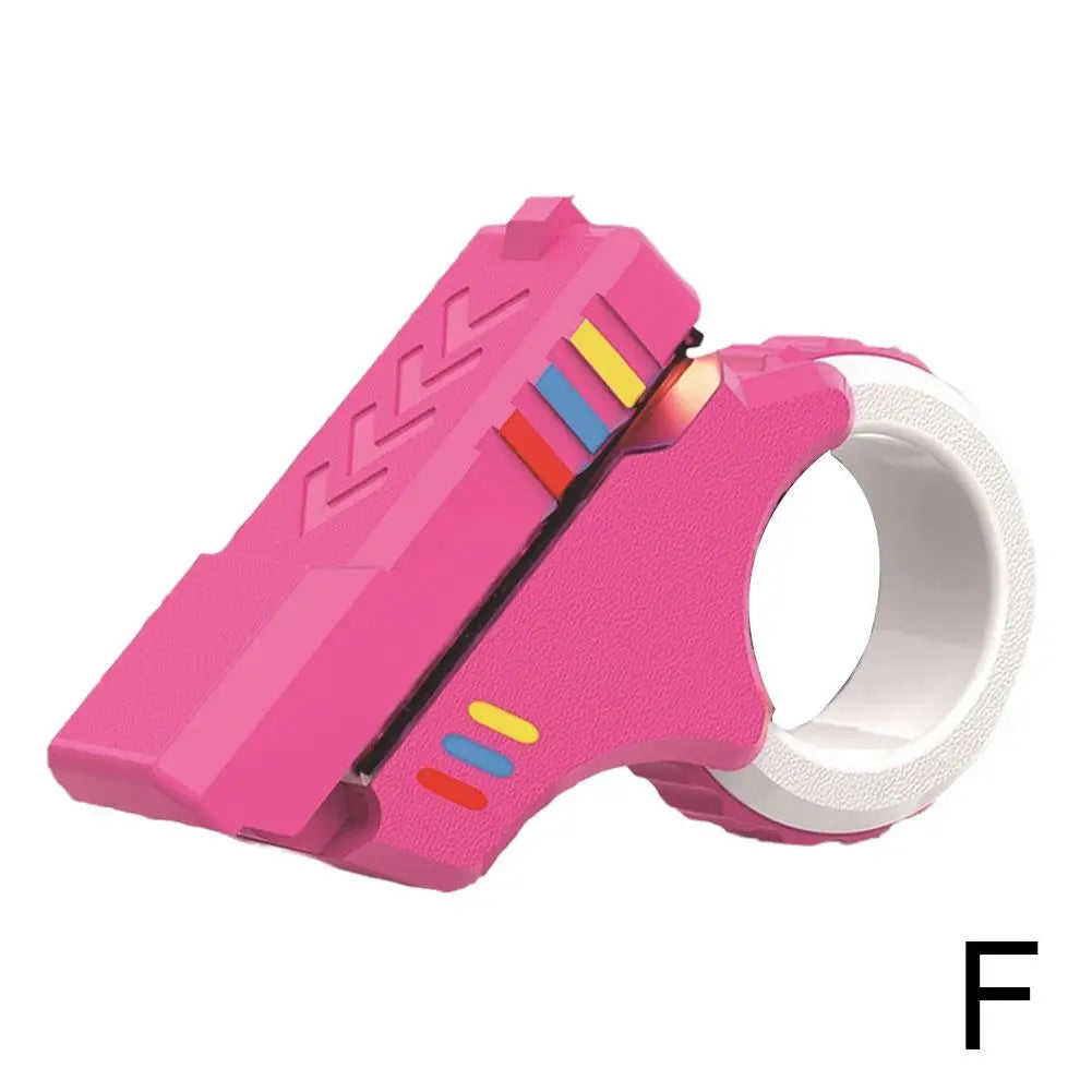 A pink 3D printed rotary finger slider fidget toy with a white ring and colorful accents.
