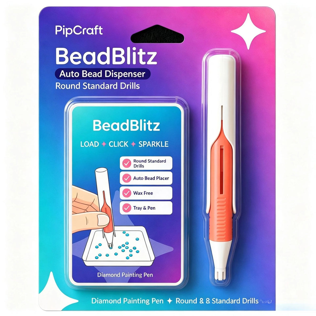 PipCraft BeadBlitz auto bead dispenser with round standard drills and diamond painting pen tool