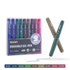 A set of nine Qimiart erasable gel pens in various colors is shown next to a single green pen.