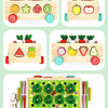 A set of magnetic wooden shapes featuring various vegetables like radishes, apples, and cucumbers for children's learning.