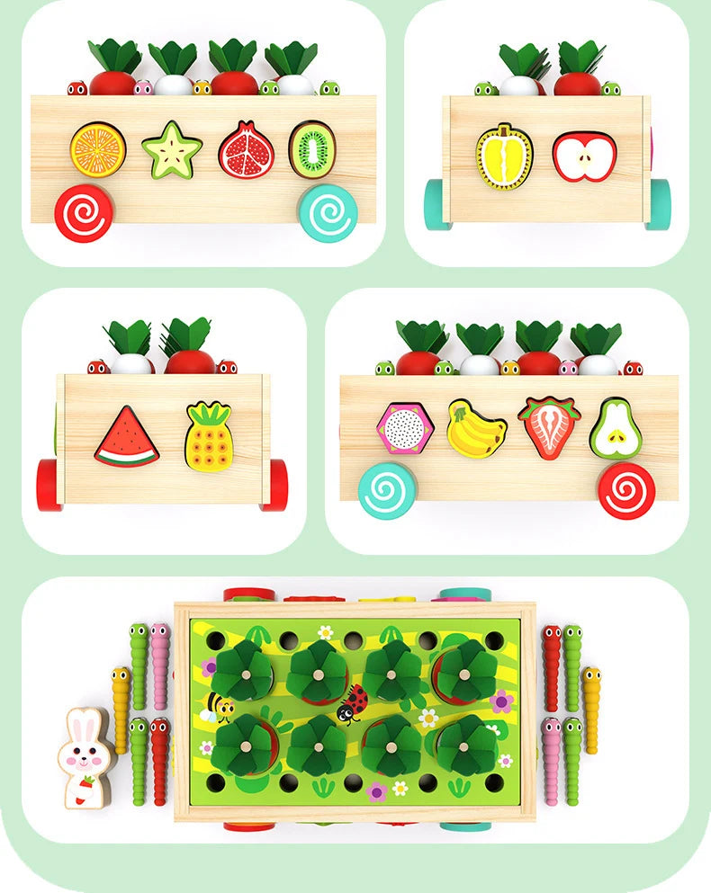 A set of magnetic wooden shapes featuring various vegetables like radishes, apples, and cucumbers for children's learning.