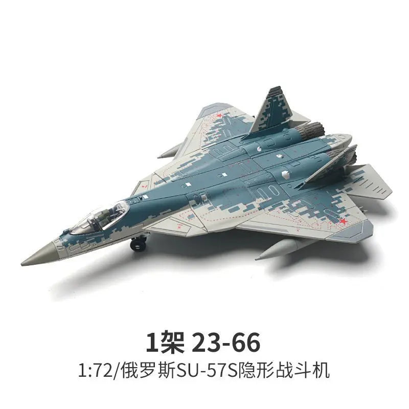 A scale model of a SU-57 fighter jet in a gray and white camouflage scheme.