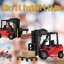 A red alloy forklift and crane truck model with a yellow load and a remote control gamepad.