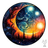 A circular puzzle featuring a cosmic scene with a moon, stars, and a forest silhouette.