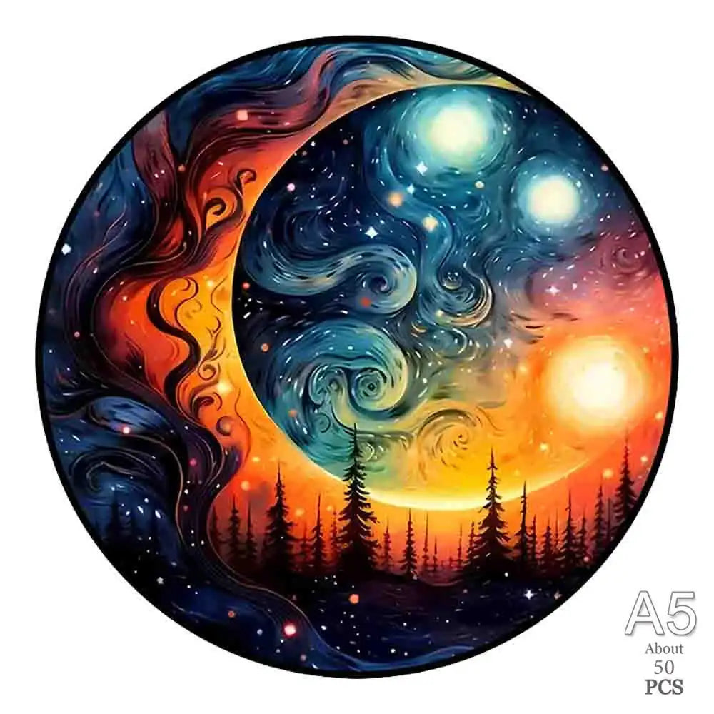 A circular puzzle featuring a cosmic scene with a moon, stars, and a forest silhouette.