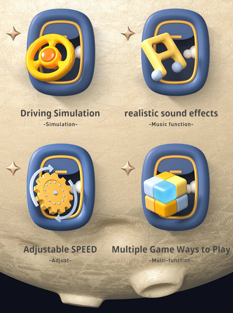 A beige-colored toy featuring a steering wheel, gears, and various components for driving simulation and sound effects.