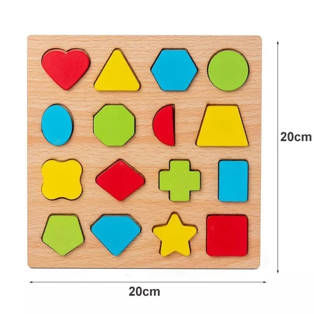 A wooden puzzle board with various colored and shaped pieces for toddlers to sort.