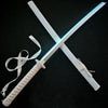 A white luminous anime katana with an LED blade is displayed diagonally against a black background.