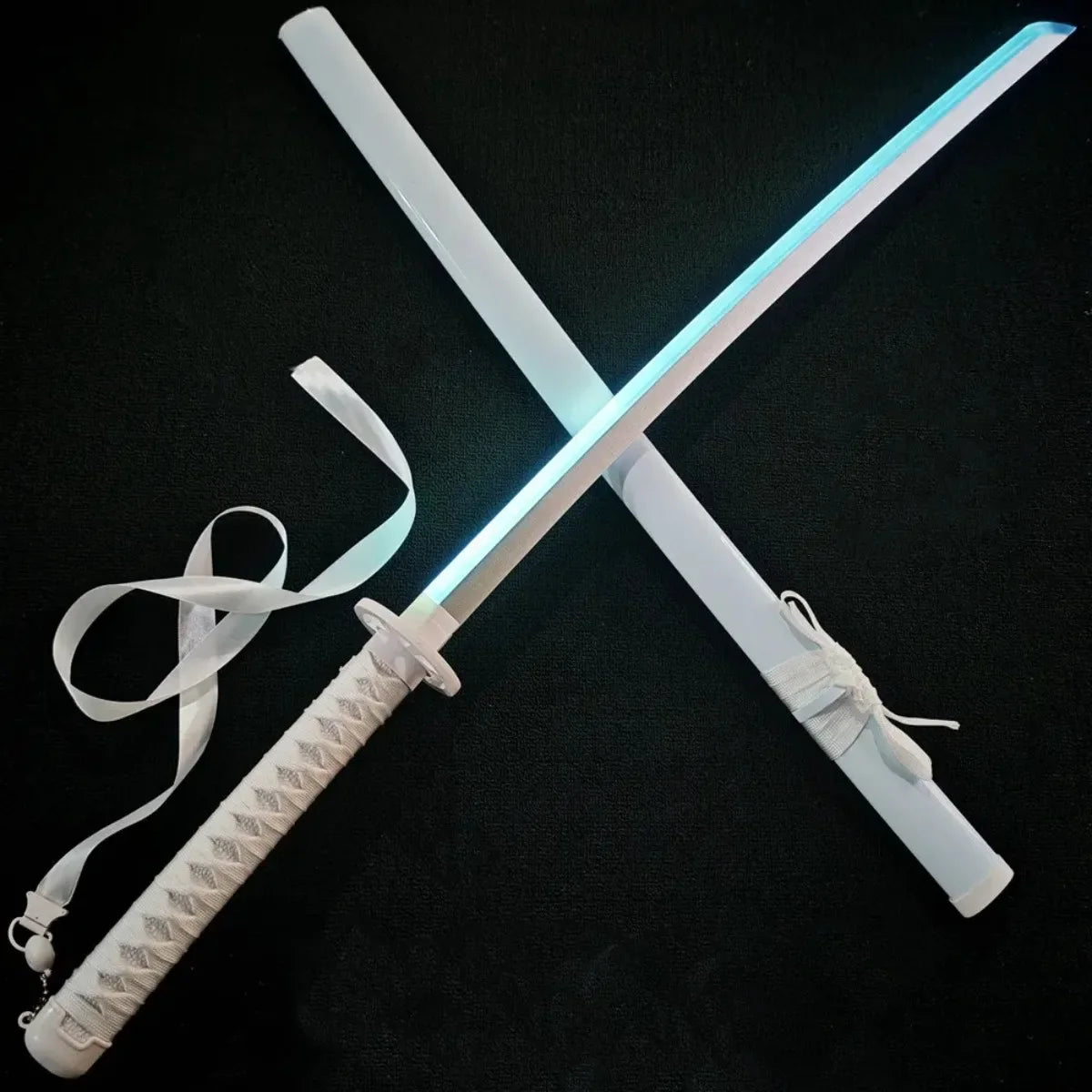 A white luminous anime katana with an LED blade is displayed diagonally against a black background.