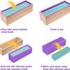 Instructions showing how to make soap using a rectangular silicone mold inside a wooden casing.
