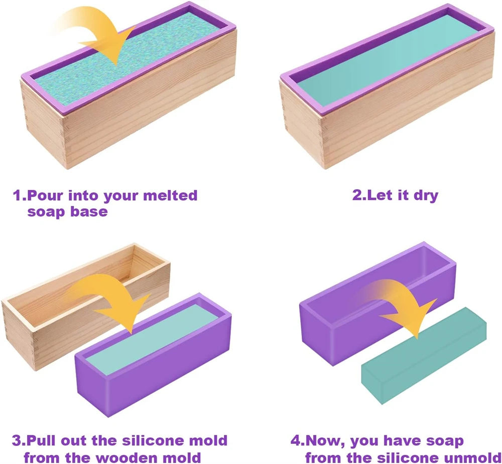 Instructions showing how to make soap using a rectangular silicone mold inside a wooden casing.